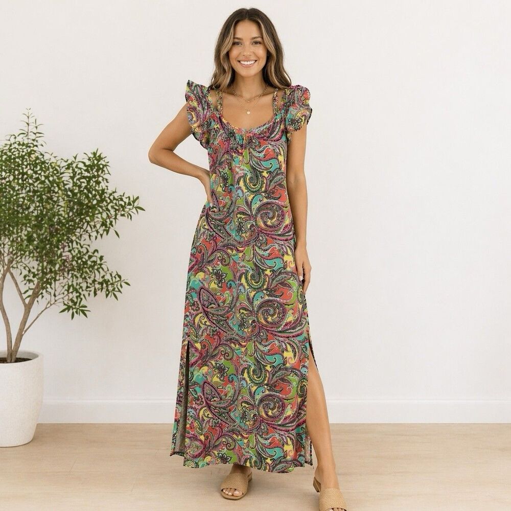 Ivy Lane Paisley Maxi Dress M Colorful Boho Flutter Sleeve Stretch Lightweight